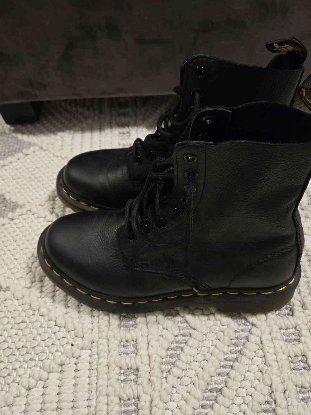 Dr. Martens Black Leather Lace-Up Boots with Yellow Welt Stitching